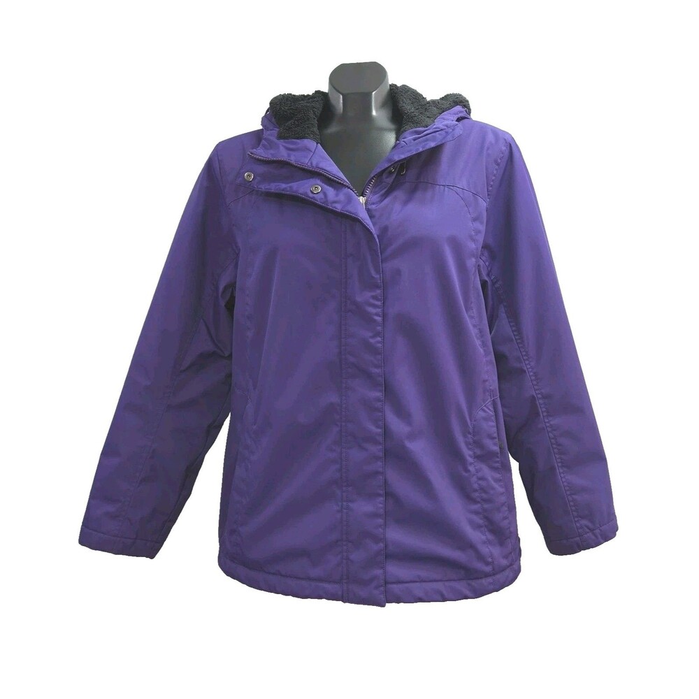 LL Bean Coat Jacket Purple Women Sz Large Faux Fur Line Hood Zip Water Resistant
